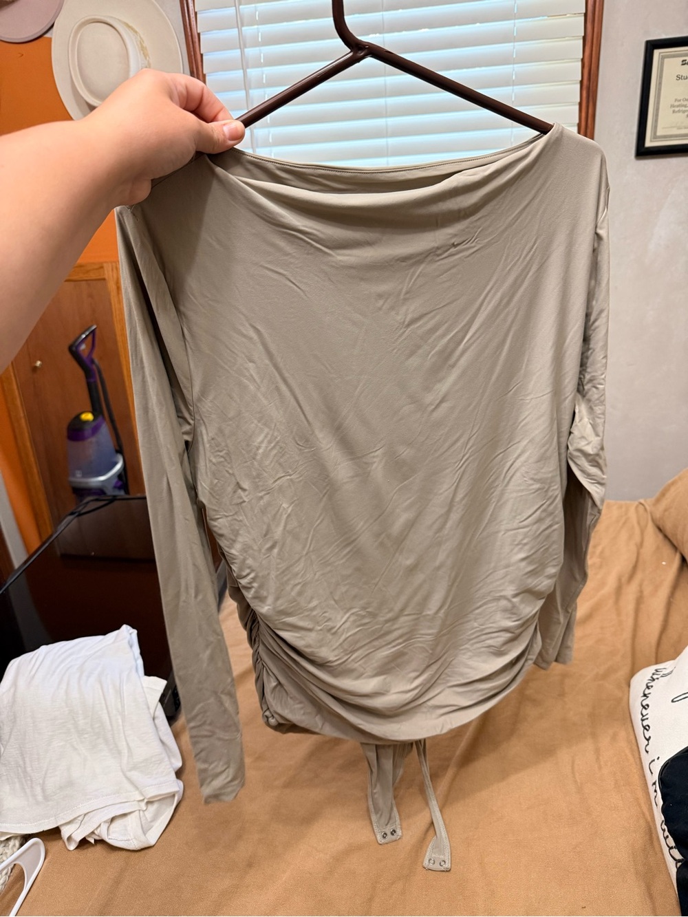 Women’s Long-Sleeve Ruched body suite— Taupe